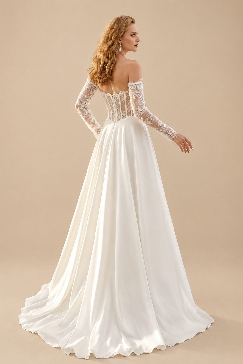 Rutipo White A-Line Sweetheart Long Sleeves Sweep Train Lace Italian Satin Wedding Dresses With Lace High Split