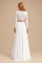 Rutipo White Elegant Scoop Neck Long Sleeves A-Line Floor-Length Chiffon/Lace Wedding Dresses