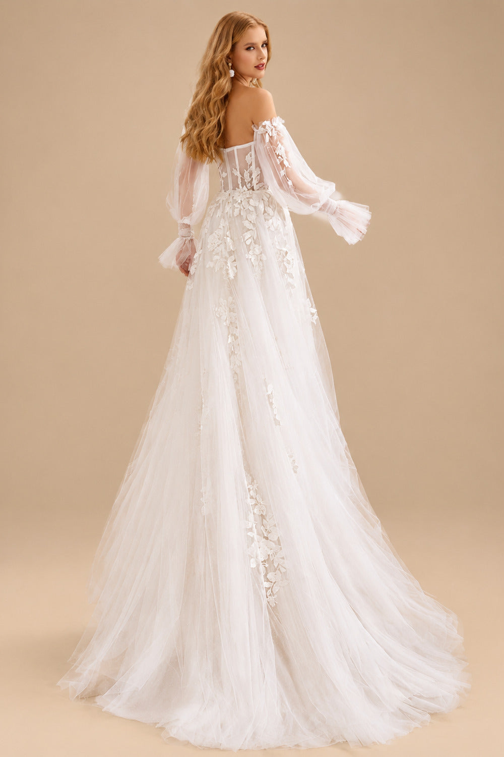 Rutipo White A-Line Sweetheart Long Sleeves Chapel Train Chiffon Tulle Wedding Dresses With Appliques Lace High Split Bubble Hem