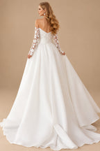 Rutipo White Ball-Gown Sweetheart Detachable Sleeves Court Train Lace Satin Tulle Wedding Dresses With Appliques Lace
