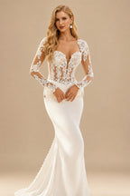 Rutipo Ivory Sheath Column Sweetheart Long Sleeves Court Train Lace Tulle Elastic Satin Wedding Dresses With Appliques Lace Back Hole