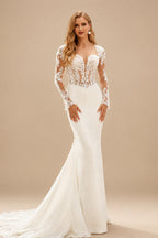 Rutipo Ivory Sheath Column Sweetheart Long Sleeves Court Train Lace Tulle Elastic Satin Wedding Dresses With Appliques Lace Back Hole