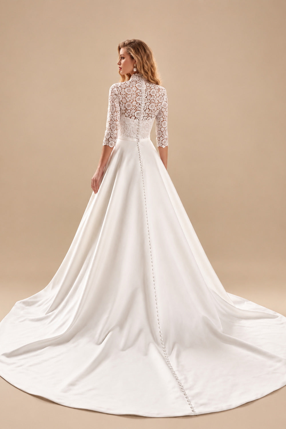 Rutipo White Ball-Gown High Neck 3/4 Sleeves Court Train Chiffon Lace Satin Wedding Dresses With Appliques Lace