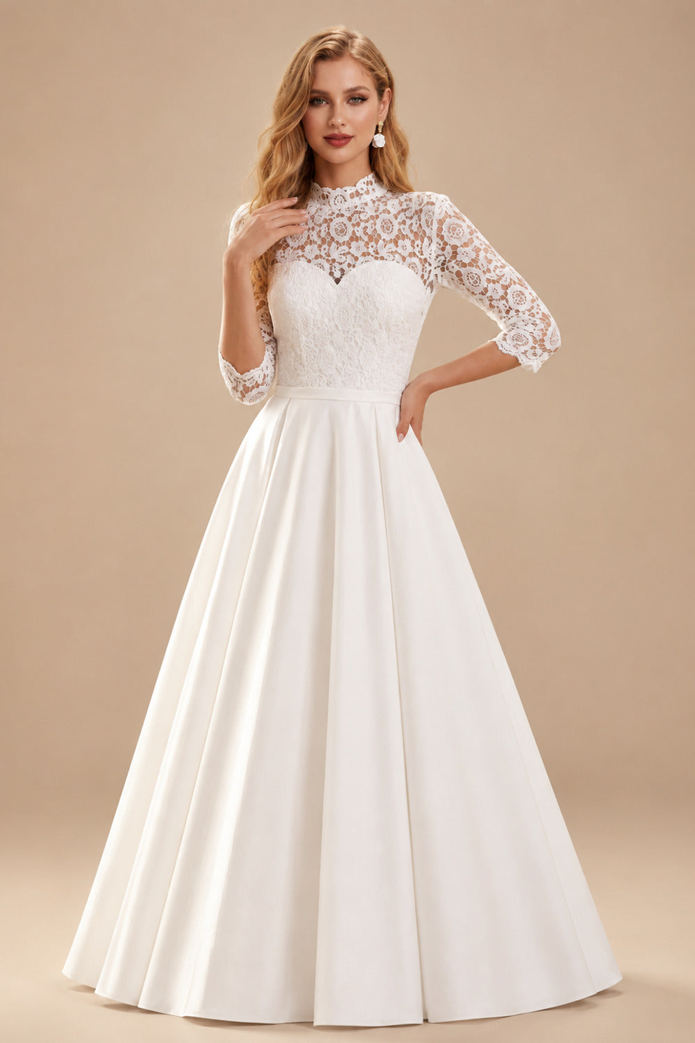 Rutipo White Ball-Gown High Neck 3/4 Sleeves Court Train Chiffon Lace Satin Wedding Dresses With Appliques Lace