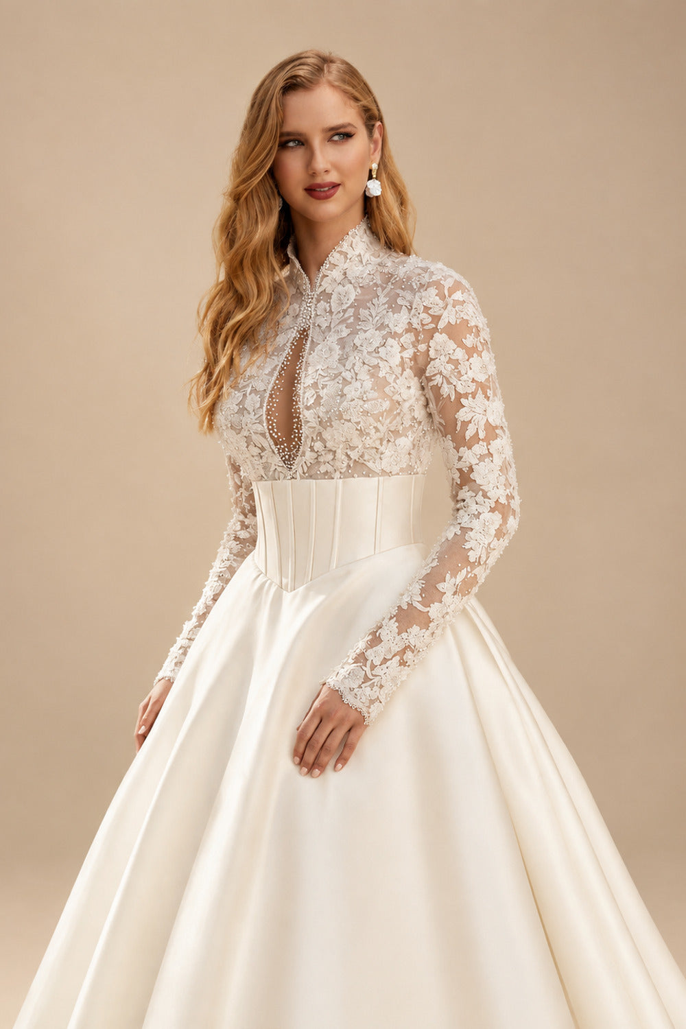 Rutipo Ivory Ball-Gown V-Neck High Neck Long Sleeves Chapel Train Lace Tulle Soft Satin BRIDE With Appliques Lace