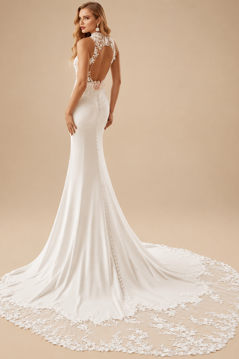 Rutipo Ivory Trumpet/Mermaid High Neck Sleeveless Royal Lace/Elastic Satin Wedding Dresses With Back Hole/Flower