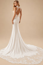 Rutipo Ivory Trumpet/Mermaid High Neck Sleeveless Royal Lace/Elastic Satin Wedding Dresses With Back Hole/Flower