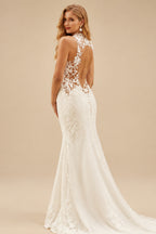 Rutipo Ivory Trumpet/Mermaid High Neck Sleeveless Royal Lace/Elastic Satin Wedding Dresses With Back Hole/Flower