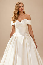 Rutipo Ivory Ball-Gown Off-The-Shoulder Sleeveless Sweep Train Satin Wedding Dresses With Flower(s)