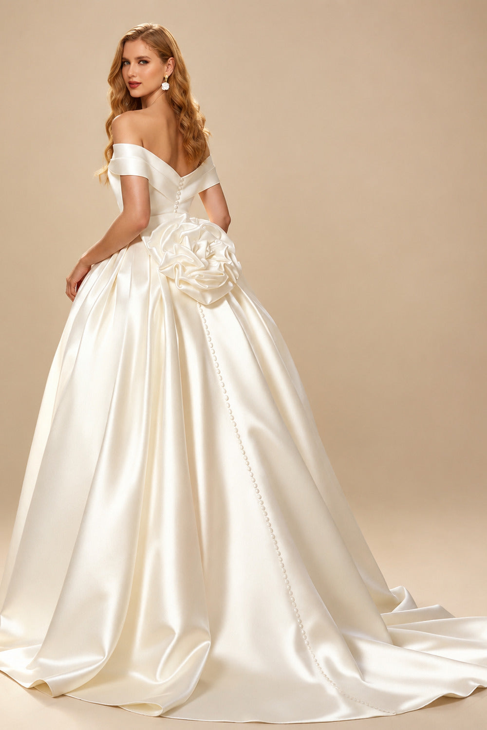 Rutipo Ivory Ball-Gown Off-The-Shoulder Sleeveless Sweep Train Satin Wedding Dresses With Flower(s)