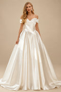 Rutipo Ivory Ball-Gown Off-The-Shoulder Sleeveless Sweep Train Satin Wedding Dresses With Flower(s)