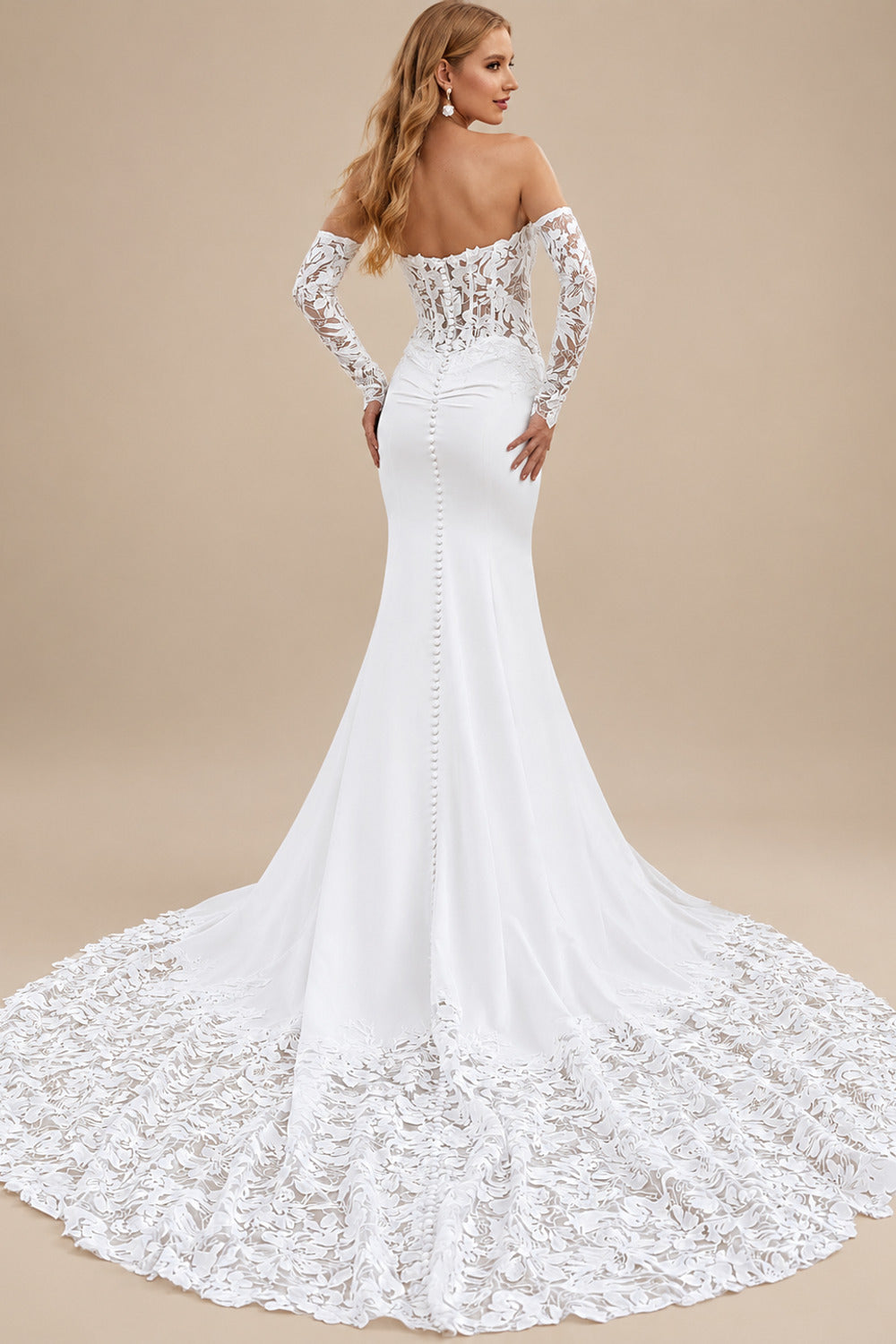 Rutipo White Trumpet Mermaid Off-The-Shoulder Detachable Sleeves Court Train Lace Elastic Satin Wedding Dresses With Appliques Lace