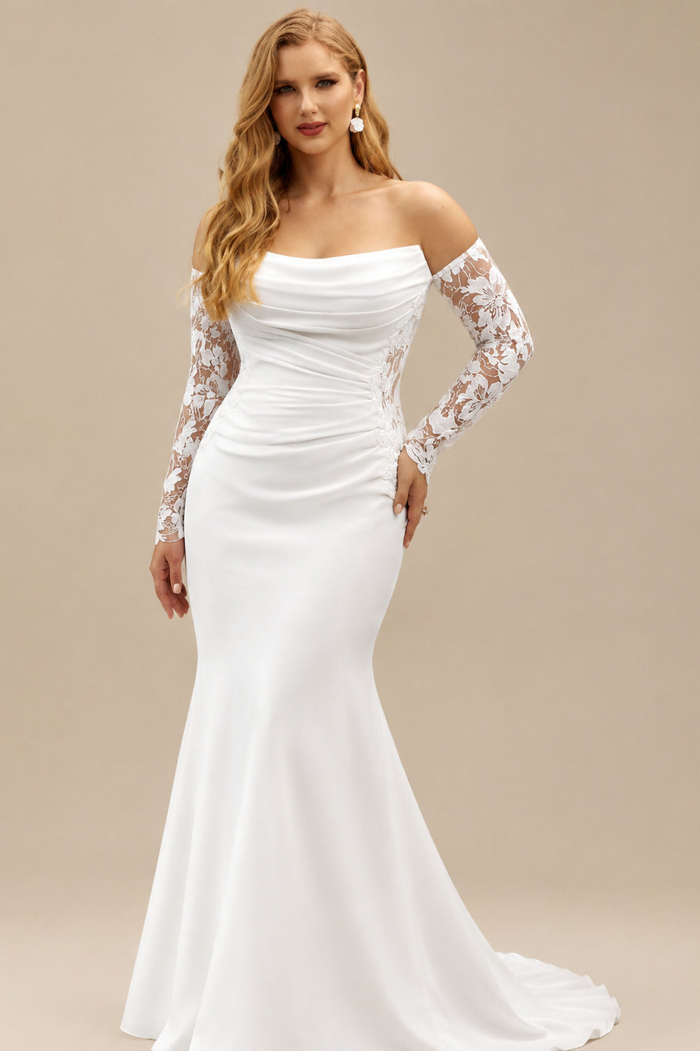 Rutipo White Trumpet Mermaid Off-The-Shoulder Detachable Sleeves Court Train Lace Elastic Satin Wedding Dresses With Appliques Lace