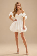 Rutipo Ivory A-Line Sweetheart Detachable Sleeves Short Mini Soft Satin Wedding Dresses With Bubble Hem