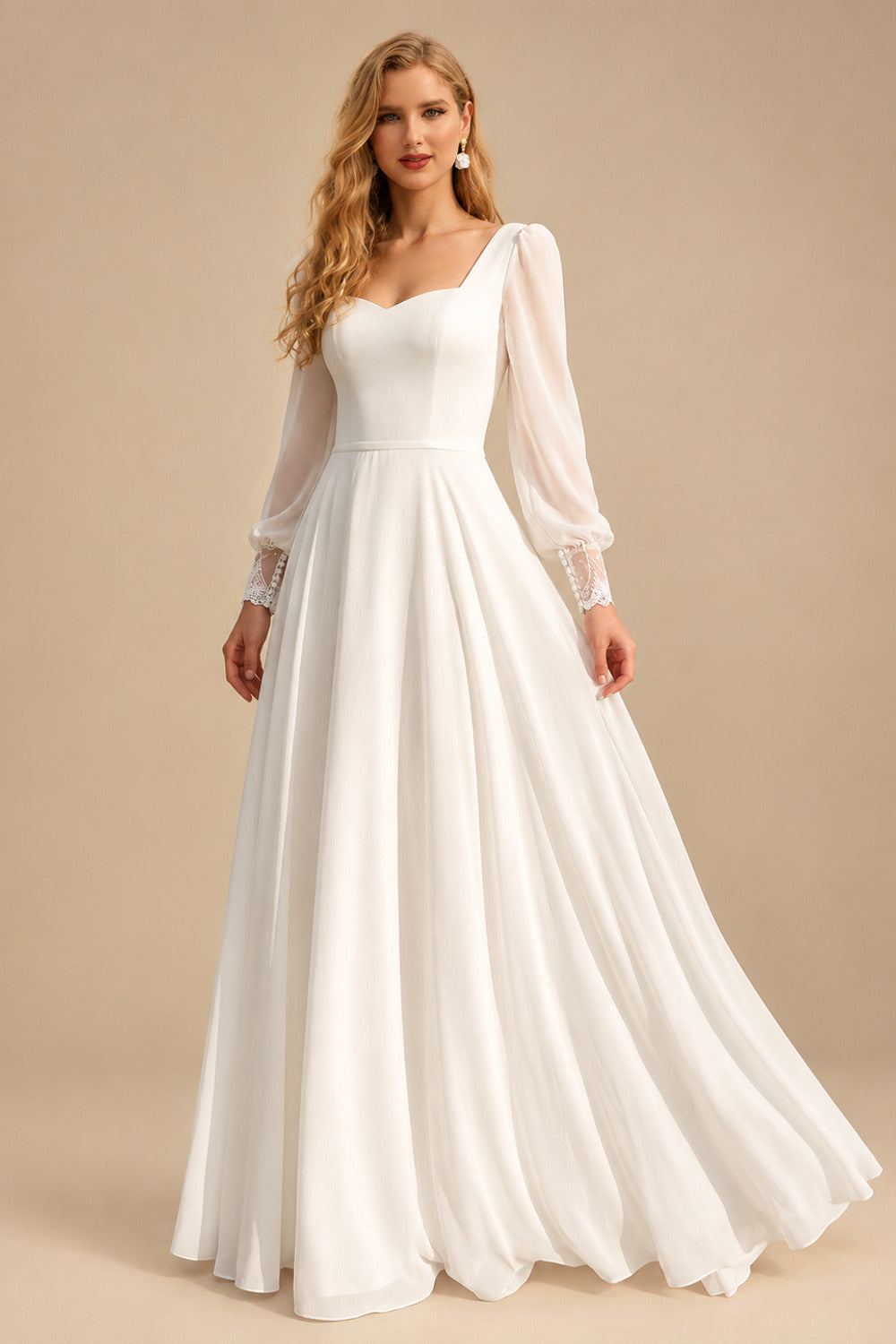 Rutipo White Elegant Sweetheart Long Sleeves A-Line Floor-Length Chiffon Wedding Dresses With Lace
