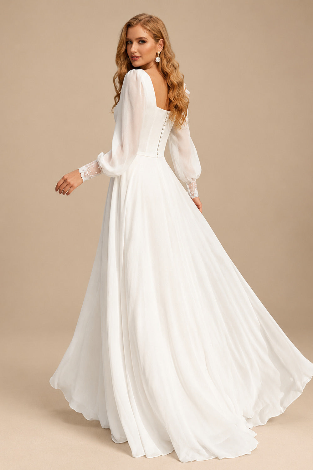 Rutipo White Elegant Sweetheart Long Sleeves A-Line Floor-Length Chiffon Wedding Dresses With Lace
