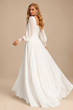 Rutipo White Elegant Sweetheart Long Sleeves A-Line Floor-Length Chiffon Wedding Dresses With Lace
