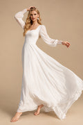 Rutipo White Elegant Sweetheart Long Sleeves A-Line Floor-Length Chiffon Wedding Dresses With Lace