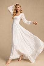 Rutipo White Elegant Sweetheart Long Sleeves A-Line Floor-Length Chiffon Wedding Dresses With Lace