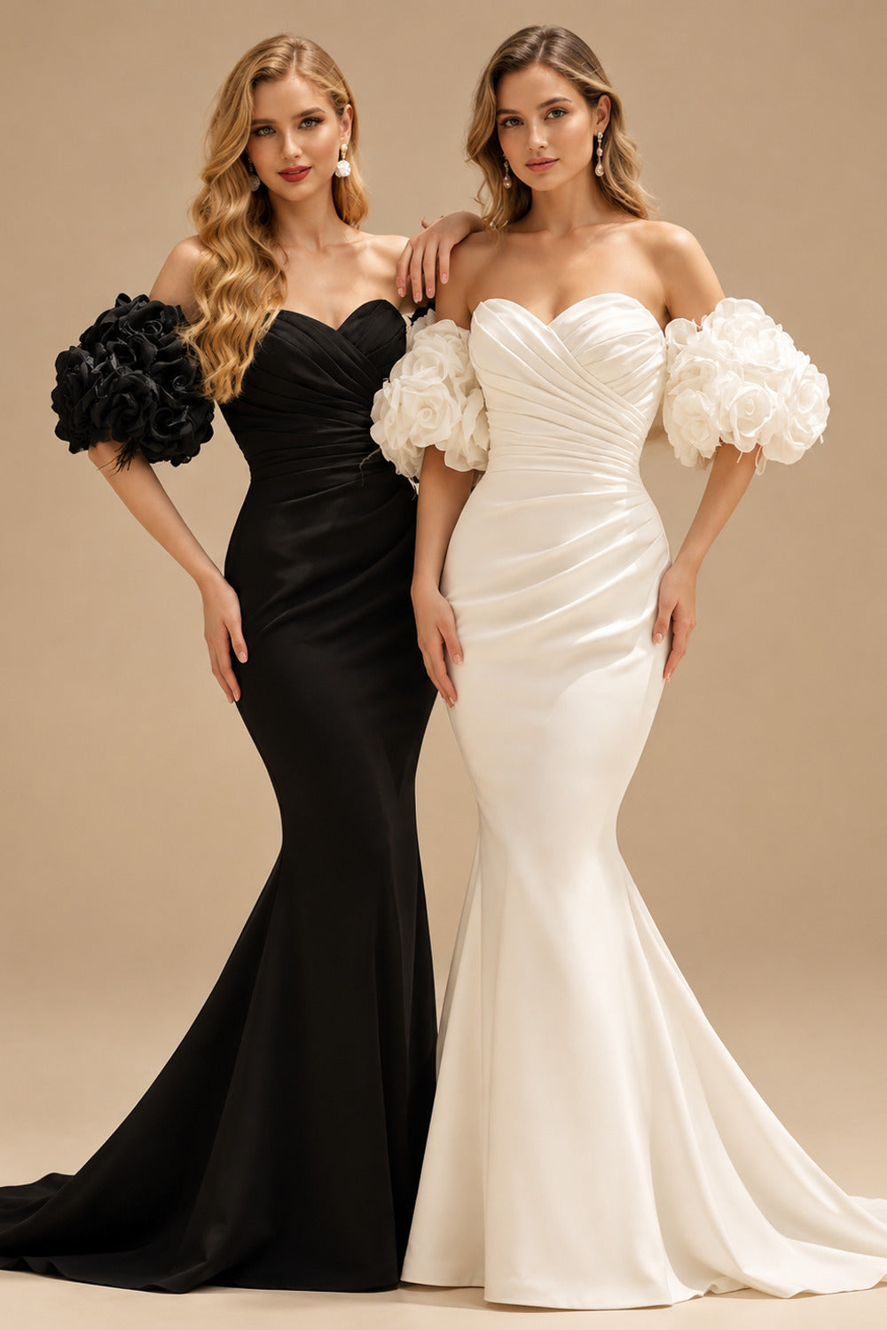 Rutipo Black Trumpet/Mermaid Sweetheart Sleeveless Court Train Elastic Satin Wedding Dresses With Flower(s)