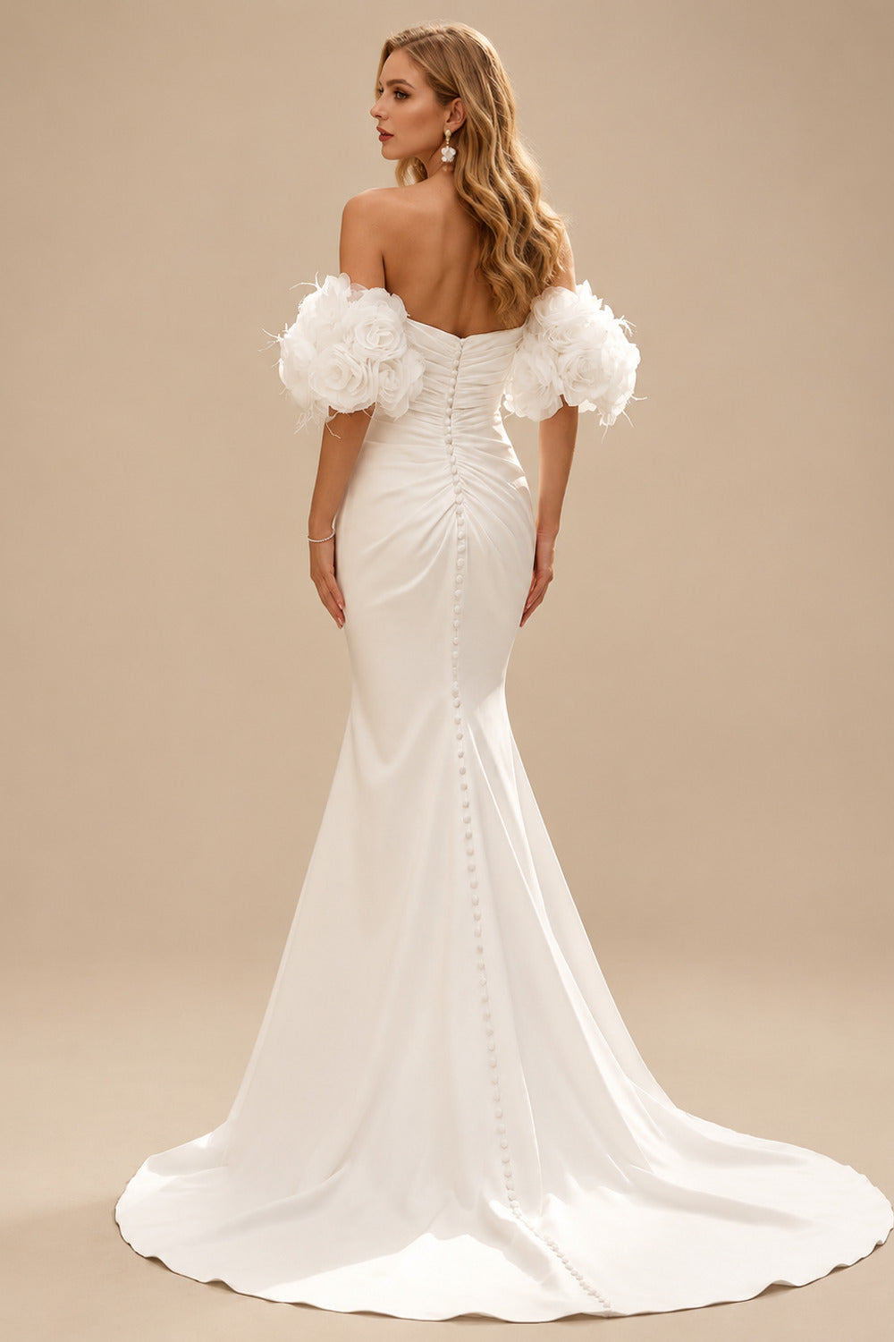 Rutipo Ivory Trumpet/Mermaid Sweetheart Sleeveless Court Train Elastic Satin Wedding Dresses With Flower(s)