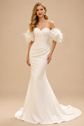 Rutipo Ivory Trumpet/Mermaid Sweetheart Sleeveless Court Train Elastic Satin Wedding Dresses With Flower(s)