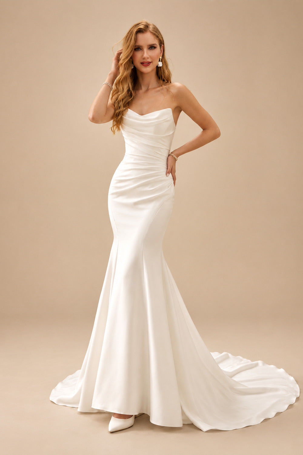 Rutipo Ivory Trumpet/Mermaid Strapless Detachable Sleeves Court Train Matte Satin Wedding Dresses