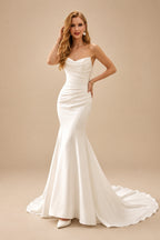 Rutipo Ivory Trumpet/Mermaid Strapless Detachable Sleeves Court Train Matte Satin Wedding Dresses
