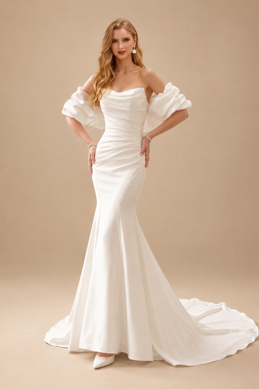 Rutipo Ivory Trumpet/Mermaid Strapless Detachable Sleeves Court Train Matte Satin Wedding Dresses