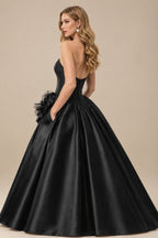 Rutipo Black Ball-Gown Strapless Sleeveless Sweep Train Satin Wedding Dresses With Flower(s)/High Split