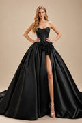 Rutipo Black Ball-Gown Strapless Sleeveless Sweep Train Satin Wedding Dresses With Flower(s)/High Split