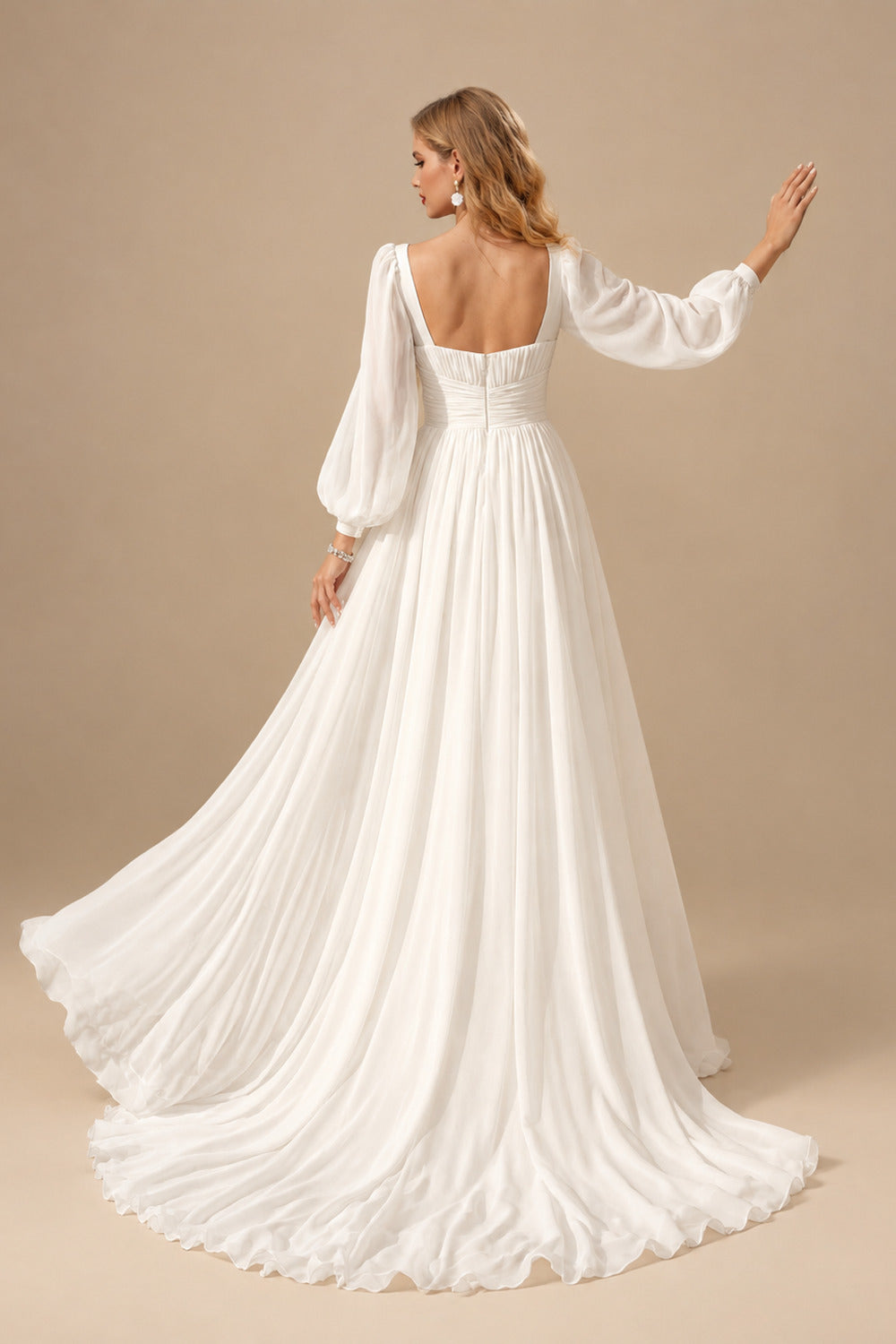 Rutipo Ivory A-Line Sweetheart Long Sleeves Sweep Train Chiffon Wedding Dresses