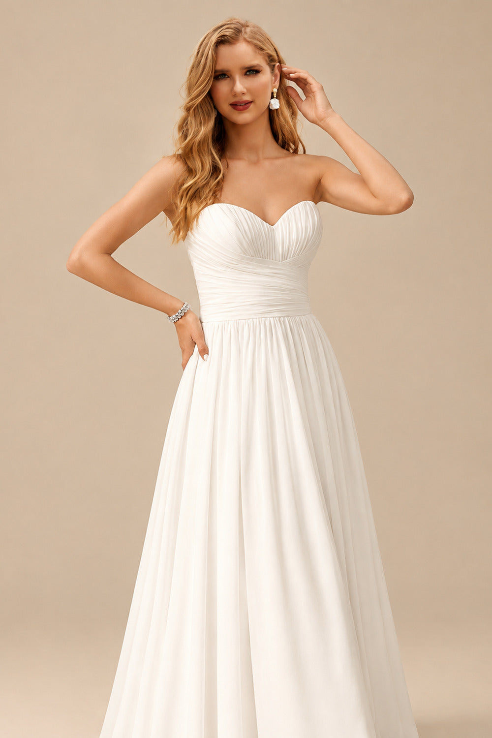 Rutipo Ivory A-Line Sweetheart Long Sleeves Sweep Train Chiffon Wedding Dresses
