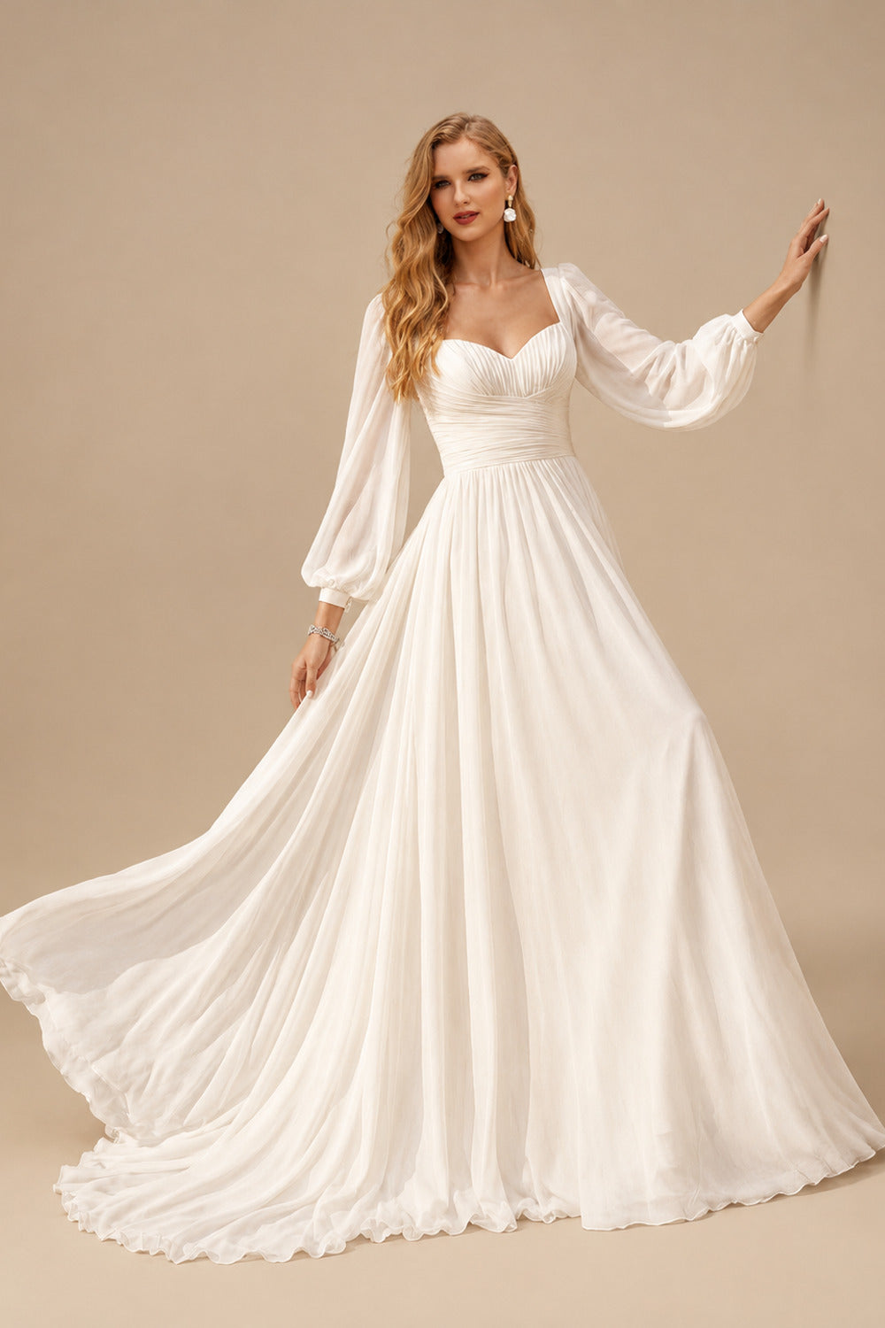 Rutipo Ivory A-Line Sweetheart Long Sleeves Sweep Train Chiffon Wedding Dresses