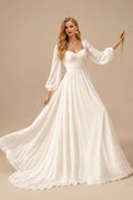 Rutipo Ivory A-Line Sweetheart Long Sleeves Sweep Train Chiffon Wedding Dresses