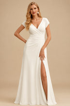 Rutipo Ivory Sheath/Column V-Neck Sleeveless Sweep Train Chiffon Wedding Dresses With High Split