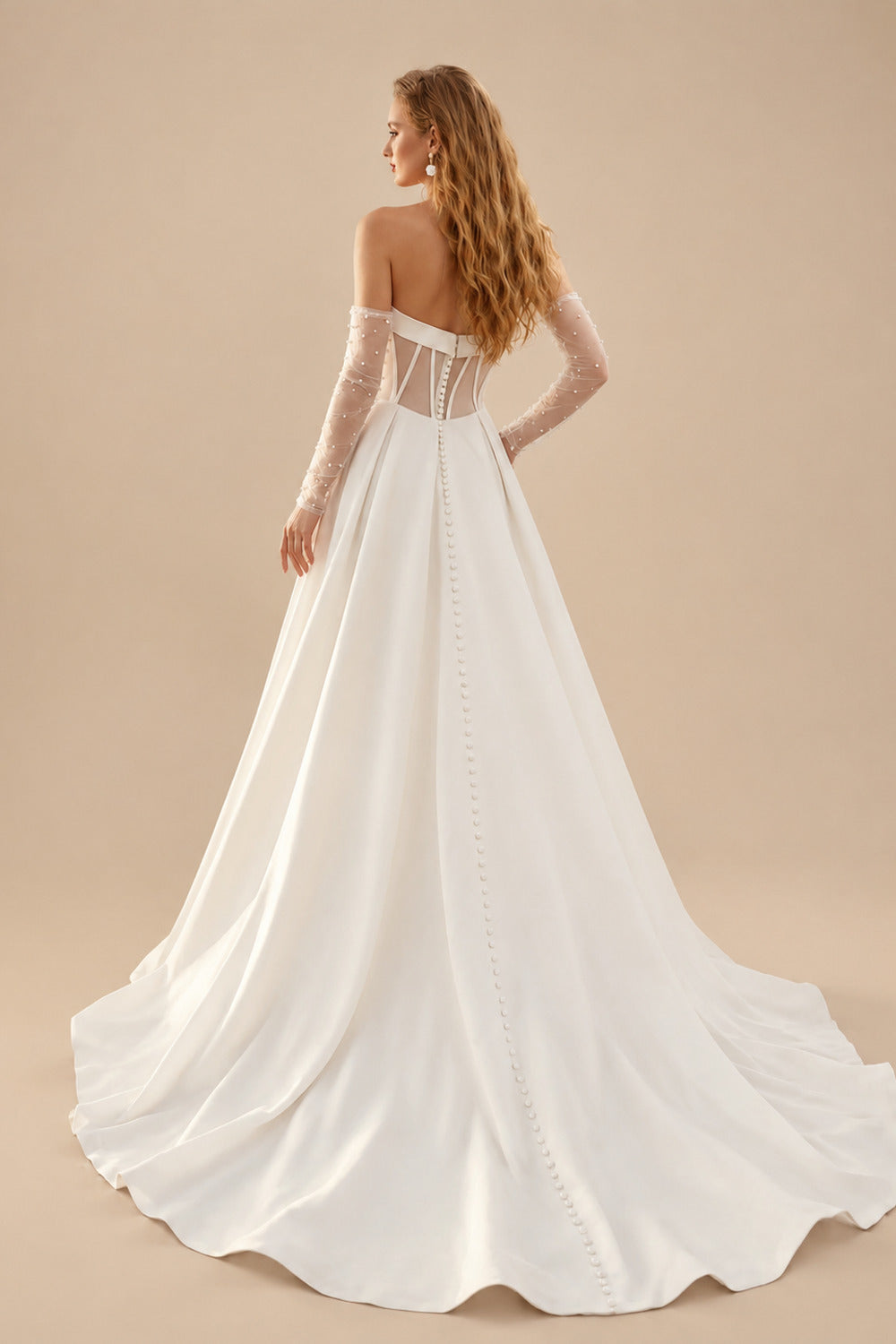 Rutipo Ivory A-Line Strapless Detachable Sleeves Court Train Wedding Dresses With High Split