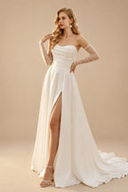 Rutipo Ivory A-Line Strapless Detachable Sleeves Court Train Wedding Dresses With High Split
