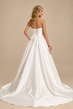 Rutipo Ivory Elegant Cowl Neck Sleeveless A-Line Sweep Train Satin Wedding Dresses With Sequins/High Split