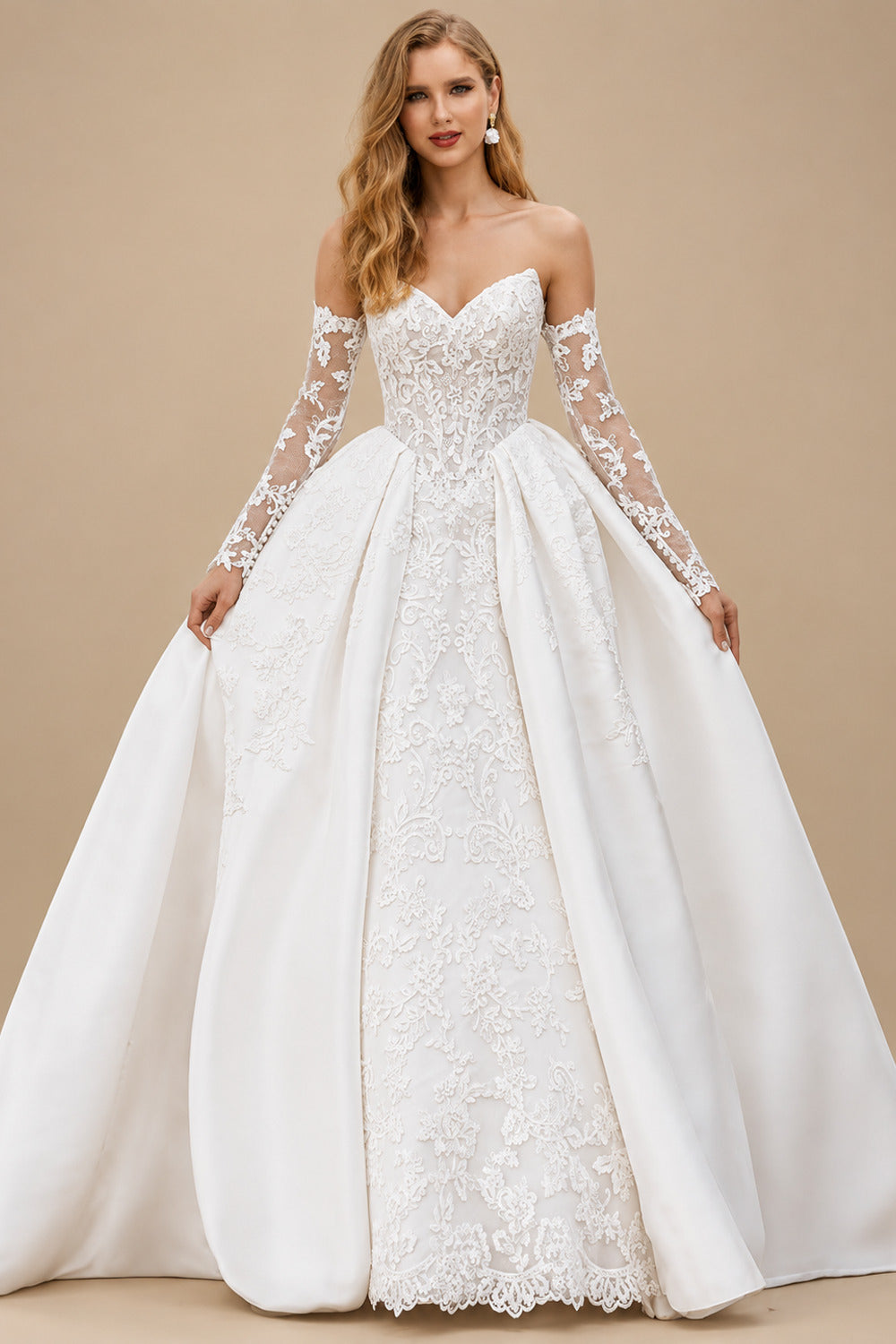 Rutipo White Ball-Gown Sweetheart Detachable Sleeves Court Train Detachable Lace Satin Tulle Wedding Dresses With Appliques Lace