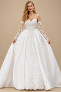 Rutipo White Ball-Gown Sweetheart Detachable Sleeves Court Train Detachable Lace Satin Tulle Wedding Dresses With Appliques Lace