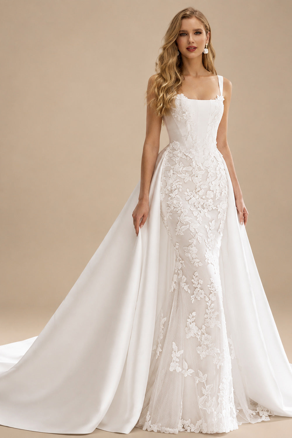 Rutipo White Trumpet Mermaid Square Neckline Sleeveless Chapel Train/Detachable Satin Elastic Satin Wedding Dresses With Lace Appliques Lace