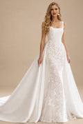 Rutipo White Trumpet Mermaid Square Neckline Sleeveless Chapel Train/Detachable Satin Elastic Satin Wedding Dresses With Lace Appliques Lace