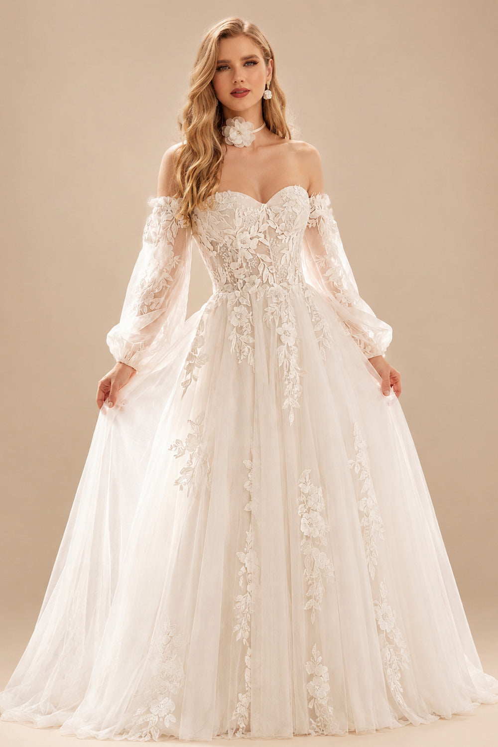 Rutipo As Picture Ball-Gown Sweetheart Detachable Sleeves Chapel Train Chiffon Tulle Wedding Dresses With Appliques Lace