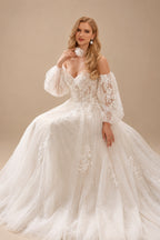 Rutipo As Picture Ball-Gown Sweetheart Detachable Sleeves Chapel Train Chiffon Tulle Wedding Dresses With Appliques Lace