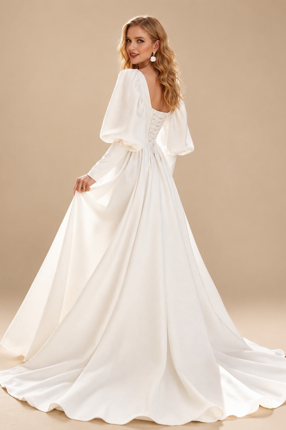 Rutipo Ivory A-Line Sweetheart Long Sleeves Detachable Soft Satin Wedding Dresses With High Split Shoulder Ruffle Bubble Hem