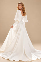 Rutipo Ivory A-Line Sweetheart Long Sleeves Detachable Soft Satin Wedding Dresses With High Split Shoulder Ruffle Bubble Hem