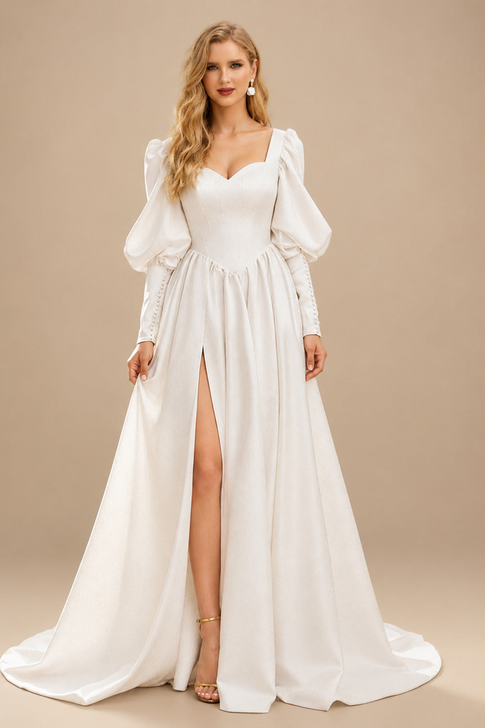Rutipo Ivory A-Line Sweetheart Long Sleeves Detachable Soft Satin Wedding Dresses With High Split Shoulder Ruffle Bubble Hem