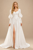 Rutipo Ivory A-Line Sweetheart Long Sleeves Detachable Soft Satin Wedding Dresses With High Split Shoulder Ruffle Bubble Hem