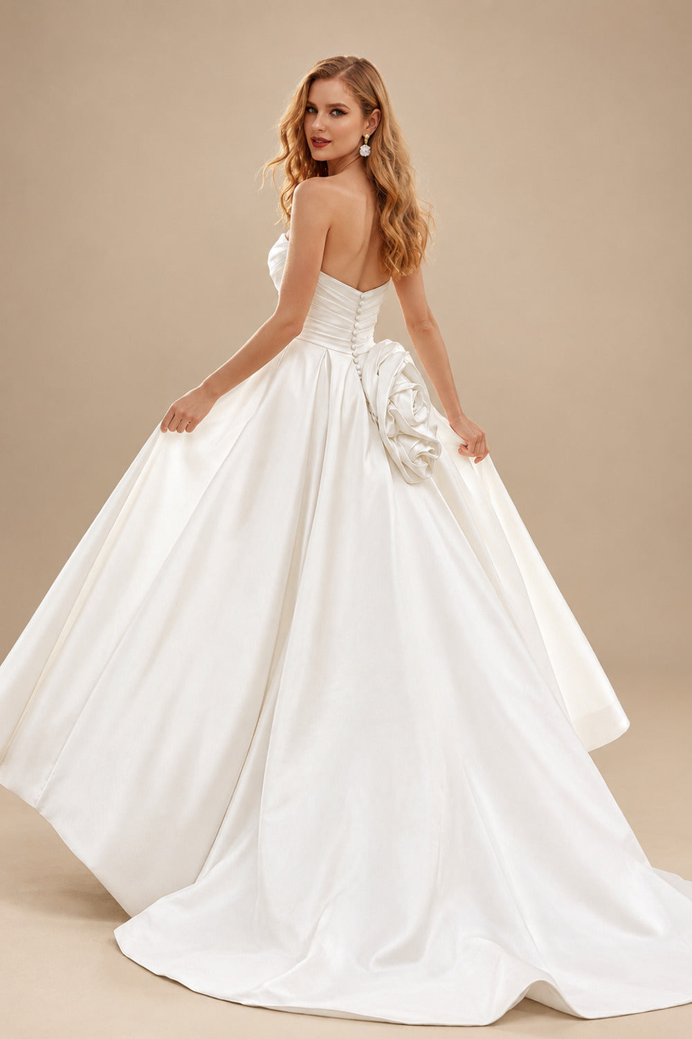 Rutipo Ivory Trumpet/Mermaid Sweetheart Sleeveless Detachable Matte Satin Wedding Dresses With Flower(s)